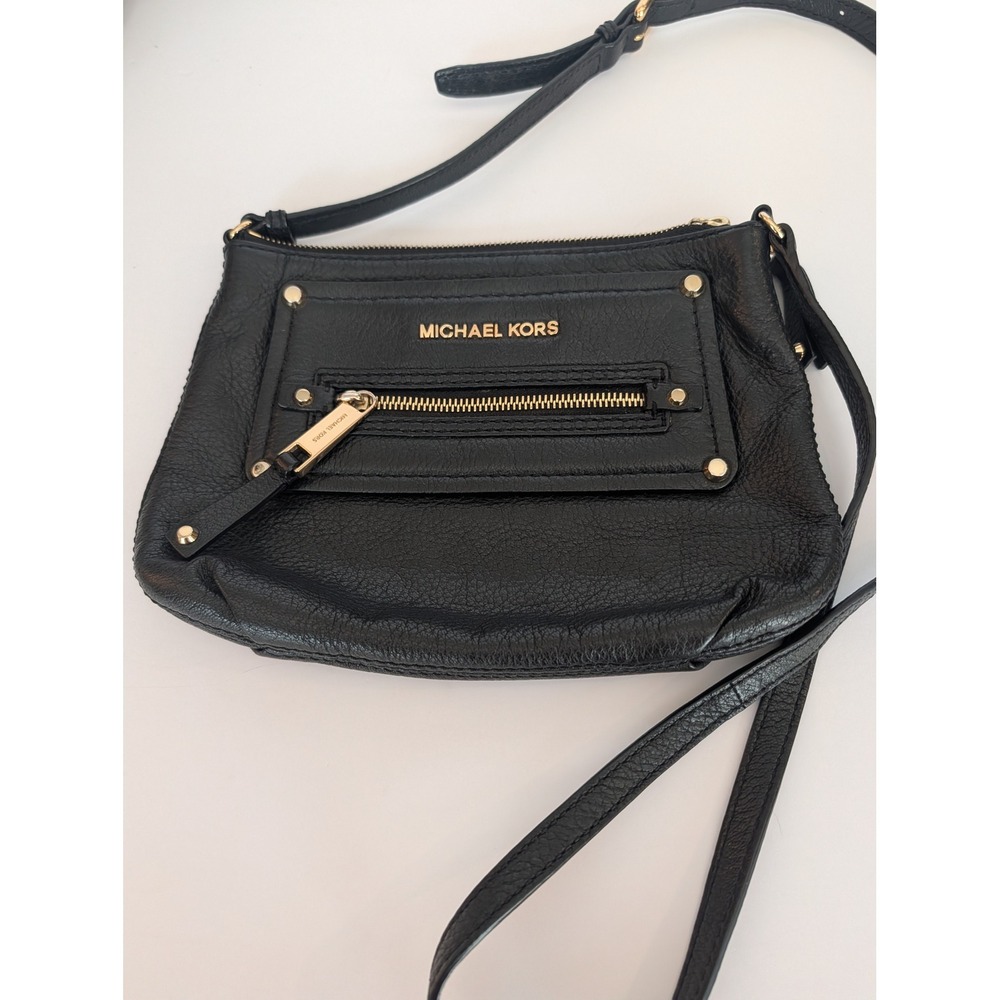 Michael Kors Black Pebbled Leather Crossbody Bag Gold Hardware Front Zip Pocket